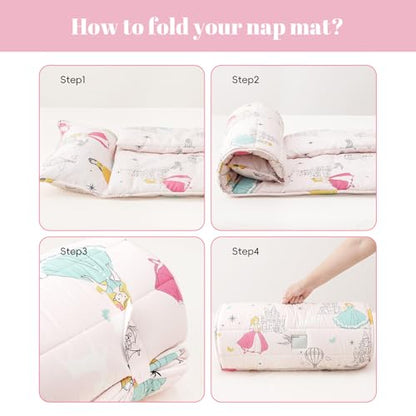 PHF Soft Toddler Nap Mat with Removable Pillow, Rollup Design Kids Sleeping Mat, Slumber Bags for Girls, 55"x23" Toddler Sleeping Bag for Daycare Preschool Travel Camping, Princesses - color: Princesses