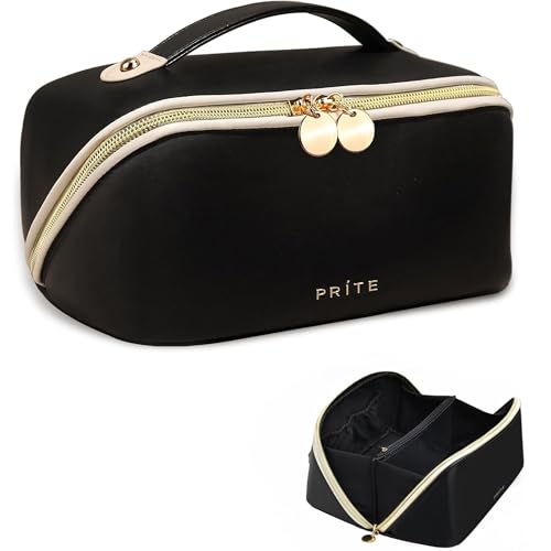 Prite Makeup Bag for Women Travel Waterproof Vegan Leather Cosmetic Bag Open Flat Toiletry Bag With Clear Divider and Handle (Black, Medium) - color: Black, size: Medium