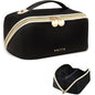 Prite Makeup Bag for Women Travel Waterproof Vegan Leather Cosmetic Bag Open Flat Toiletry Bag With Clear Divider and Handle (Black, Large) - color: Black, size: Large