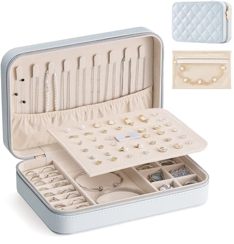 Lolalet Travel Jewelry Case for Women Girls, PU Leather Jewelry Organizer with Clear Storage Bag Small Portable Jewelry Box for Necklace Bracelet Earring Ring Birthday Bridesmaid Gifts -Large/Blue - color: Blue, size: Large (8.2"W*4.2"D*2.4"H)