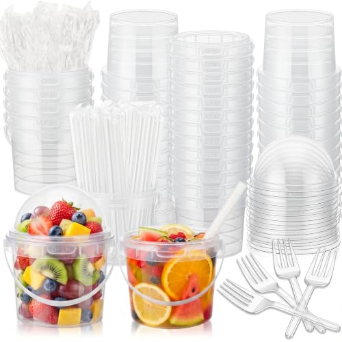 50 Pcs Bucket Cups Bulk Reusable Plastic Drink Buckets with Lids Dome Forks and Straws 24 oz Ice Cream Freezer Food Storage Containers for Popcorn Pail Outdoor Travel Beverage Party Picnic - size: 24 oz