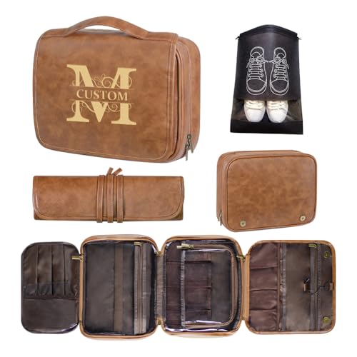 Custom 3-in-1 PU Leather Toiletry Bag For Men Personalized Hanging Travel Organizer Bag for Father Husband Boyfriend (Yellowish brown) - color: Yellowish brown