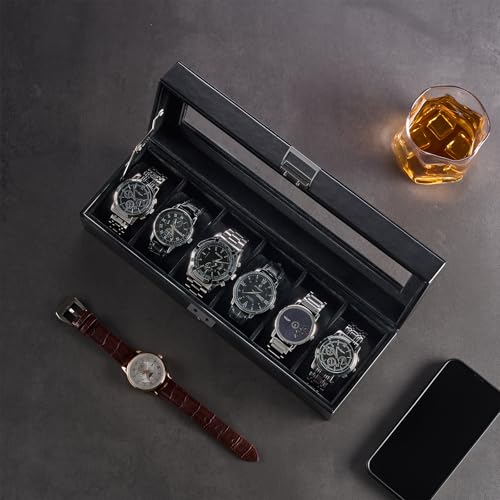 ProCase 6 Slot Watch Case Box for Men, PU leather Man Watch Organizer with Soft Pillow, Lockable Watch Collection Storage Holder with Glass Display Lid, Fathers Day Gift for Dad -AllBlack - color: AllBlack, size: 6-Slot