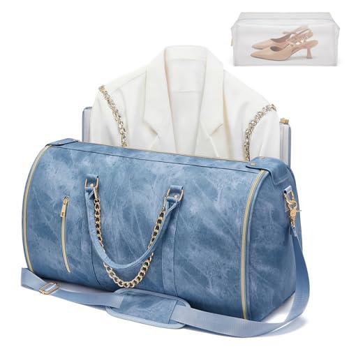 Garment Duffle Bag for Travel, Convertible 20.5×10×12.5 Inch Carry On Garment Bag for Women, Foldable Travel Bags with Shoe Compartment & Toiletry Pocket for Business Trip, Vacation, Blue - color: Lcing Blue