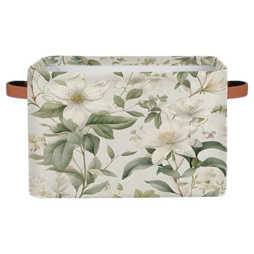 Floral Leaves Rectangular Storage Bin Collapsible Storage Basket Organizer Boxes with Leather Handle Storage Cube for Shelves Toy Laundry Nursery 1 PC - color: Floral Leaves, size: 1 Pc