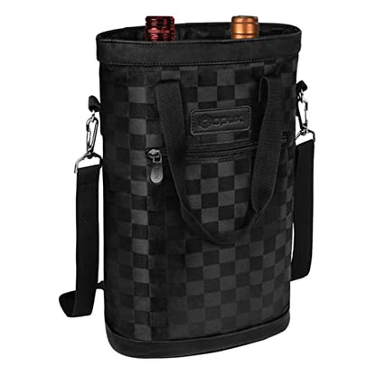 opux Two Bottle Wine Bag Carrier Tote, Insulated Leakproof 2 Bottle Wine Cooler Bag for Travel BYOB Picnic, Portable Wine Case, Gift for Men Women Wine Lover Birthday Party Christmas, Checker Black - color: Black Square