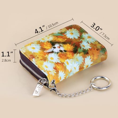 FurArt Zipper Wallet Women, RFID Blocking Credit Card Wallet, Business Card Holder, Compact Size KeyChain Wallet - color: Daisies and Cat