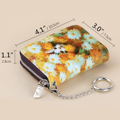 FurArt Zipper Wallet Women, RFID Blocking Credit Card Wallet, Business Card Holder, Compact Size KeyChain Wallet - color: Daisies and Cat