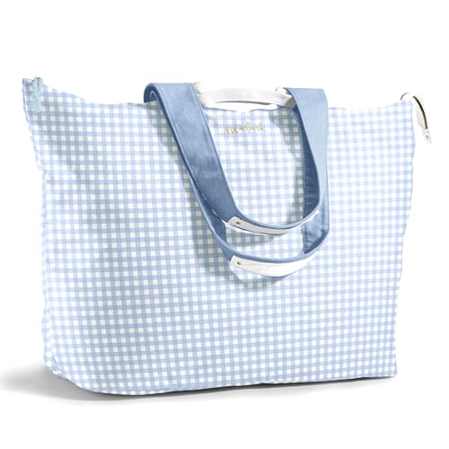 Fit & Fresh XL Beach Tote Bag for Women – XL Travel Tote with Zipper & Pockets, Oversized Canvas Pool Bag, Weekender Carry-On - color: Blue Gingham