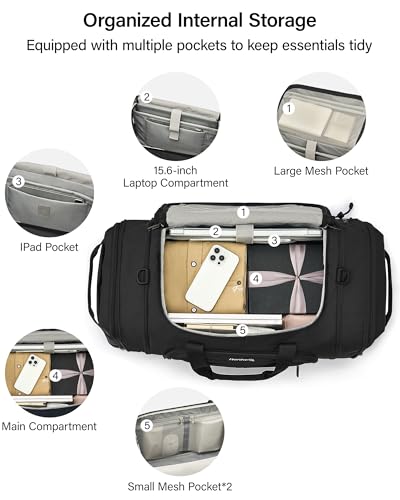 Hanke Expandable Carry On Luggage Bag,3 in 1 Duffle Bag for Travel,45L-55L Weekender Overnight Bag with 15.6" Compartment for Women & Men (Black) - color: Black