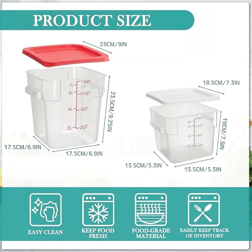 Lallisa 4 Pcs 8qt & 4qt Clear Food Storage Containers with Lids Handles and Scales, Stackable Plastic Square Food Storage Containers for Dough Proofing Baking Kitchen Restaurant(White, Red) - color: White, Red