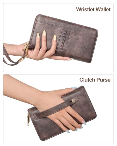 BOSTANTEN Wallets for Women Leather RFID Double Zipper Around Credit Card Holder Large Capacity Wristlet Clutch Wallet - color: T-coffee