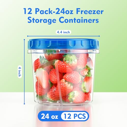 BiuLeon 12 Pack-24oz Freezer Storage Containers, Plastic Food Storage Containers with Twist Top Lids, BPA Free and Reusable Soup Containers with Lids, Leakproof/Microwave/Dishwasher Safe - color: 12Pack-24oz