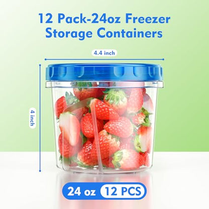 BiuLeon 12 Pack-24oz Freezer Storage Containers, Plastic Food Storage Containers with Twist Top Lids, BPA Free and Reusable Soup Containers with Lids, Leakproof/Microwave/Dishwasher Safe - color: 12Pack-24oz