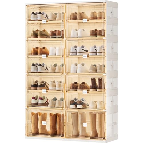 JEKO&JEKO 7 Tiers Foldable Boot and Shoe Storage Rack Cabinet for Closet Entryway, Large Collapsible Shoe Organizer with Magnetic Doors (White) - color: Double-row, size: 7 Tiers (6+1 Boots)
