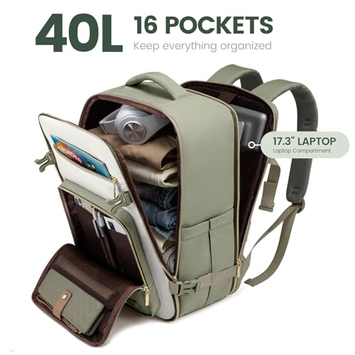 LOVEVOOK Travel Backpack For Women,40L Carry On Backpack Flight Approved,TSA Personal Item Travel Bag Fits 17 Inch Laptop,Business Weekender Overnight Daypack with Back Pad and Chest Buckle,Cubes - color: Green and White, size: 17.3 Inch-40L-4Pcs