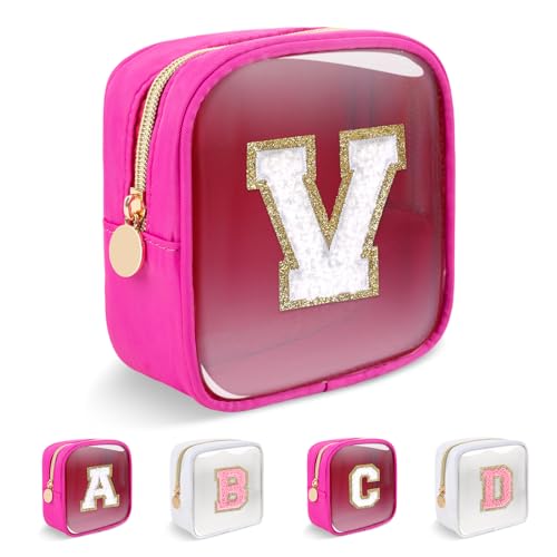 Personalized Initial Letter Clear Preppy Makeup Bag,Mini Nylon Chenille Letter Cosmetic Bag Cute Zipper Pouch Coin Purse for Teen Girls,Portable TSA Approved Travel Essentials Bag Gift for Women,V - color: Mini-Hot Pink, size: V