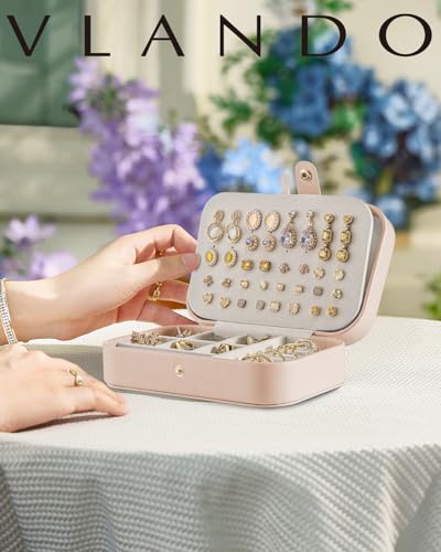 VLANDO Travel Jewelry Case, PU Leather Travel Jewelry Box with Earring Holder, Portable Display Mini Jewelry Case for Mothers Day Women Girls Gift - Nude Pink - color: G.Nude Pink
