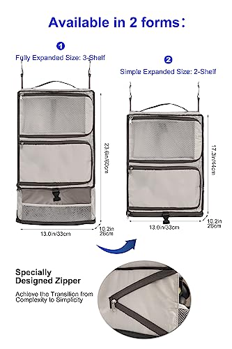 ELEZAY Hanging Packing Cubes Portable Closet 3-Shelf Travel Collapsible Compression Garment Organizer for Carry-on Luggage Suitcase Space Saver Bag X-Large_No Side Pockets, Lightgrey - color: Lightgray, size: X-Large_12*10*24 IN