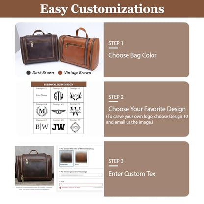 Personalized Leather Toiletry Bag for Men Women, Genuine Leather Toiletries Organizer, Travel Hanging Large Bathroom Shaving Kit, Gift Ideas for Groomsmen, Dad, Husband, Boyfriend, Birthday, Christmas - color: Customize