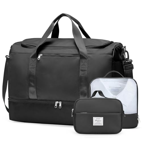 Large Travel Duffle Bag,Carry on Overnight Weekend Bag with Shoes Compartment,Weekender Bags for Women for Travel Business Trips Sport Hospital,3 Pcs Set,Black - color: Black 3Pcs Set, size: Large