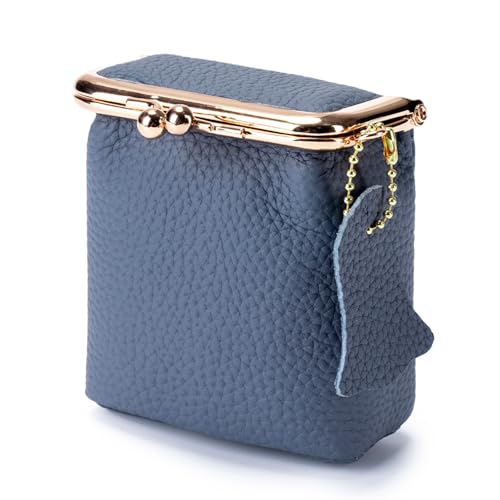 Litchi Leather Coin Purse for Women, Portable Vintage Wallet Mini Lipstick Holder Fashion Solid Color Kiss Lock Key Storage Square Pouch (Blue) - color: Blue