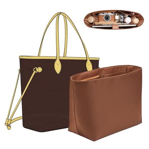 Soft Nylon Purse Organizer Insert for Lv Neverfull MM Tote Bag, Waterproof Lightweight with Laptop Compartment Luxury Neverfull MM Organizer, Tote Handbags Divider Shaper with Cup Holder Insert,Brown - color: Brown