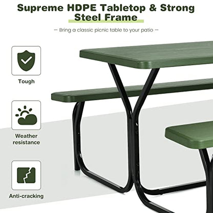 COSTWAY Outdoor Picnic Table, HDPE Plastic Picnic Table Bench Set with Weather Resistant Tabletop & Wood Texture, Ideal for Patio, Backyard (59" D x 54" W x 28.5" H,Green) - color: Green