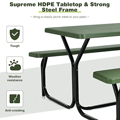 S AFSTAR Picnic Table Bench Set, 59” Expanded Rectangular Picnic Table, Outdoor Table and Bench W/Steel Frame & Wood-Like Texture Tabletop, Camping Table Chair Set for Garden Patio Lawn Deck (Green) - color: Green