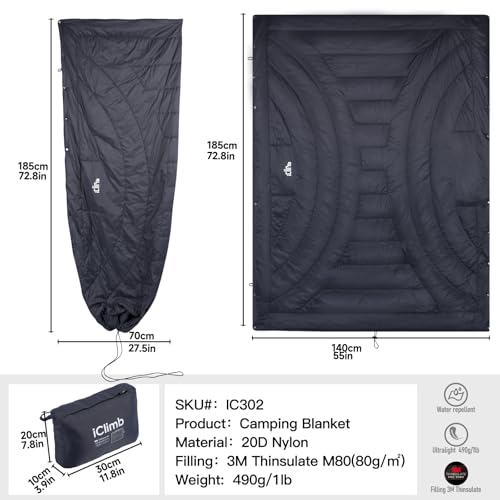 iClimb 3M Thinsulate Insulation Warm Camping Blanket Ultralight Compact - color: Dark Grey, size: 72.8” × 55”, 1 lb