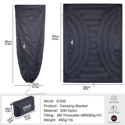 iClimb 3M Thinsulate Insulation Warm Camping Blanket Ultralight Compact - color: Dark Grey, size: 72.8” × 55”, 1 lb