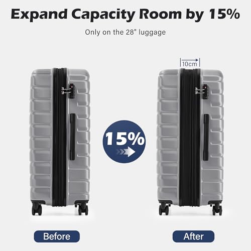 Coolife Expandable Large Checked Luggage with Spinner Wheels, Hard Shell Suitcase TSA Lock Rolling Travel Luggage 28-inch,Silver - color: sliver, size: Large(28in)