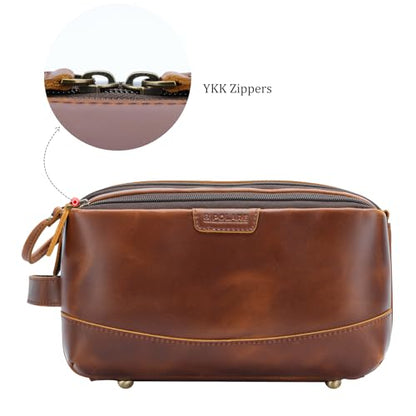 Polare Full Grain Leather Toiletry Bag for Men Large Travel Cosmetic Case Dopp Kit Shaving Kit Wash Pouch with YKK Zippers (Brown) - color: Brown