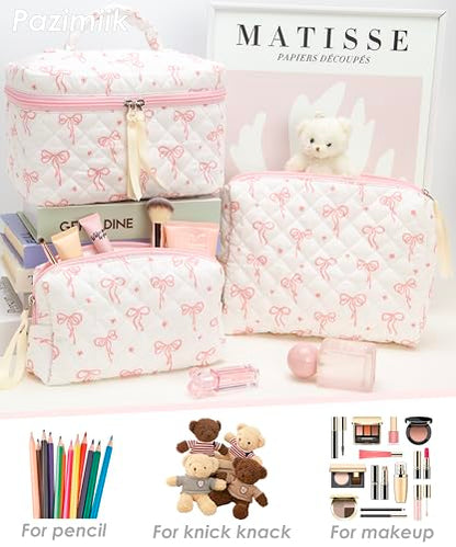 3PCS Makeup Bag SET Large Travel Quilted Zipper Soft Cosmetic Case Pouch for Women Girls Make Up,Bow Pink - color: Bow Pink, size: 3 PCS SET
