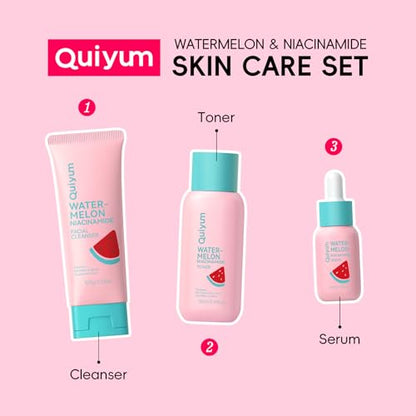 QUIYUM Watermelon & Niacinamide Skincare Set, 3pc Glow Facial Kit for Teens | 3-in-1 Daily Routine: Cleanser, Toner, Serum; Glow Up Formula with Niacinamide; Aesthetic Gift for Teenage Girls & Beginners - size: 3 Pieces