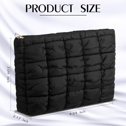 Hillban 1 Pcs Black Puffy Quilted Makeup Bag Quilted Cosmetic Bag Cute Puffer Toiletry Checkered Pouch Aesthetic Travel Makeup Brushes Organizer (Classic) - color: Black, size: Classic