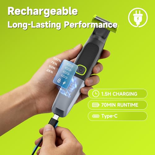 Body Hair Trimmer for Men, Electric Groin & Pubic Hair Trimmer, Painless Body Shaver for Chest, Legs, Bikini, Waterproof Wet/Dry, USB-C Rechargeable, Self-Sharpening Blades, 6 Guide Combs - color: Green