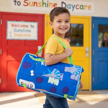 EVERYDAY KIDS Nap Mat with Removable Pillow - Roarin' Dinos - Carry Handle with Straps Closure, Rollup Design, Soft Microfiber for Preschool, Daycare, Travel Sleeping Bag - Ages 3-6 Years - color: Roarin Dinos