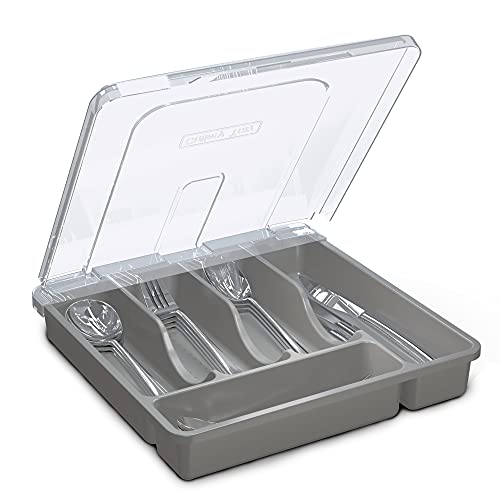 Utensil Holder for Countertop with Lid, Plastic Silverware Tray for Drawer, 5 Compartments Flatware Organizer, Gray - color: Gray