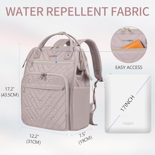 VANKEAN 17 Inch Laptop Backpack for Women Fashion Computer Work Bag, Large Capacity Waterproof Backpack, College Daypack Business Travel Backpack, Light Dusty Pink - color: Quilted Light Dusty Pink/Grey Purple, size: 17.3 Inch