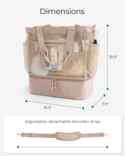 BAGSMART Beach Bag for Women, Mesh Tote Bags with Zipper, Sandproof Vacation Essentials with Cooler for Swim Cruise Pool - color: Navy