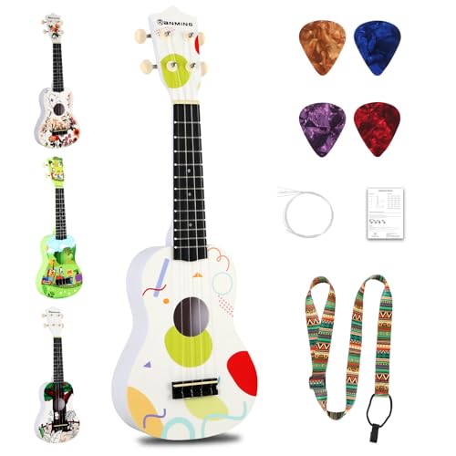 RANMING Ukulele 21 inch ukelele 4-String Ukulele Starter Kit with Strap, Picks,Carbon Strings Portable Plastic uku for Music Education Outdoor Travel Holiday Gift Geometric - color: Multicolored