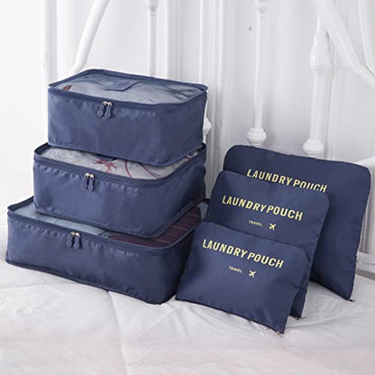 6 Set Packing Cubes for Travel Luggage Packing Bags Reusable Waterproof Suitcase Organizer Bags Set with Shoe Bag and Toiletry Bag (Navy Blue) - color: Navy Blue