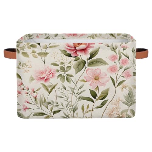 Wild Rose Flower Floral Rectangular Storage Bin Collapsible Storage Basket Organizer Boxes with Leather Handle Storage Cube for Shelves Toy Laundry Nursery 1 PC - color: Wild Rose Flower Floral, size: 1 Pc