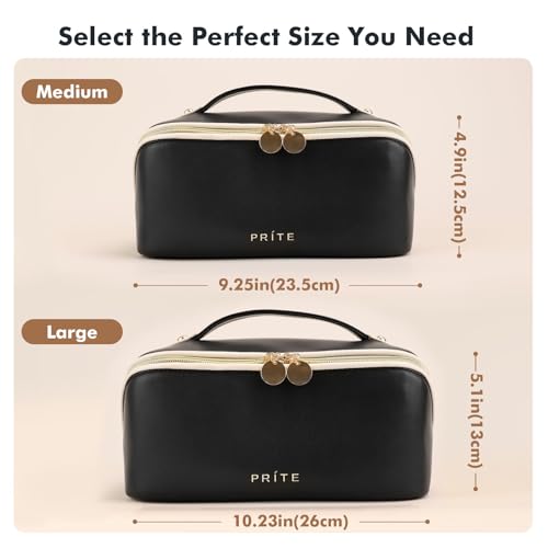 Prite Makeup Bag for Women Travel Waterproof Vegan Leather Cosmetic Bag Open Flat Toiletry Bag With Clear Divider and Handle (Black, Medium) - color: Black, size: Medium