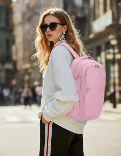 ECOHUB Travel Backpack for Women, 17.3 inch Suspended Laptop Backpack, Fashion Water-Resistant College Computer Bookbag, 28L Personal Item Bag with 12 Pockets for Causal, Work, Pink - color: Pink