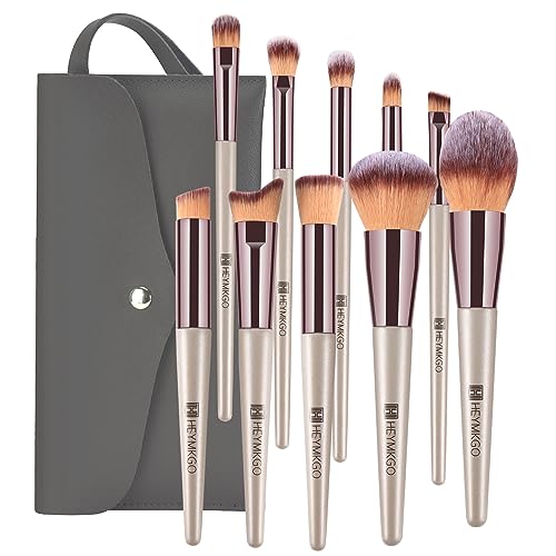 Makeup Brushes Set, HEYMKGO Portable Makeup Brush Set Professional Champagne Gold Premium Synthetic Foundation Brush Powder Concealers Eye Shadows Blush with Cosmetic Bag 10PCS Common Types - color: Gold