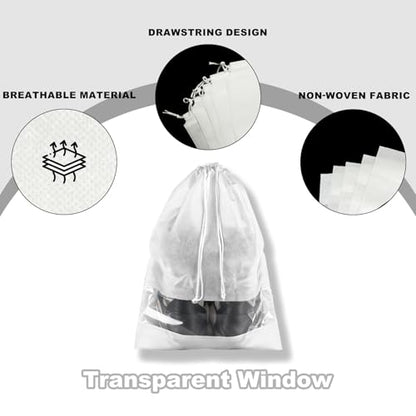 20 Pack Shoe Bags for Travel, 17" x 12.6" Drawstring Shoe Organizers with Clear Window, Breathable Non-Woven Dustproof Pouches for Luggage & Closet (White) - color: White