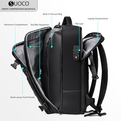 SUOCO Travel Vacuum Backpack with Portable Electric Pump, 45L Carry On Compression Seal Travel Backpack with Vacuum System, Traveling Packing Luggage Suitcase, Black - color: Black