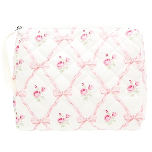PAZIMIIK Quilted Makeup Bag Large Travel Zipper Soft Cosmetic Pouch for Women Girls Make Up,Bow Rose - color: Bow Rose, size: 1 PCS Pouch